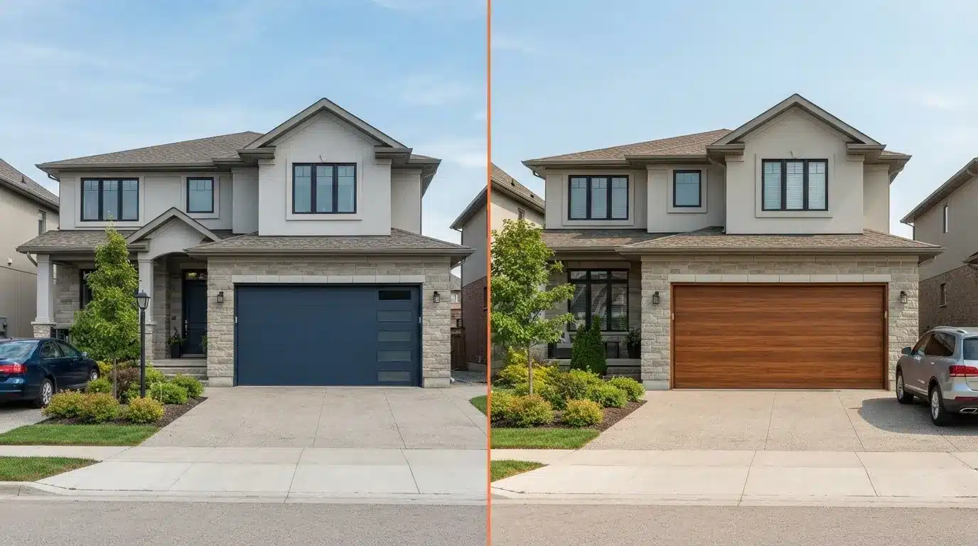 Split comparison of a steel garage door and a wood garage door