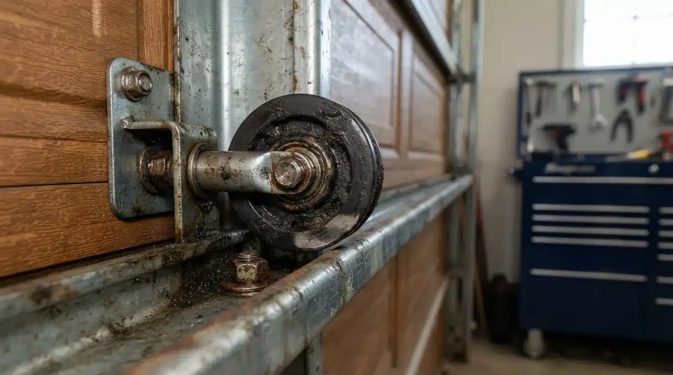 Close-up of a worn garage door roller with a flat spot and rust